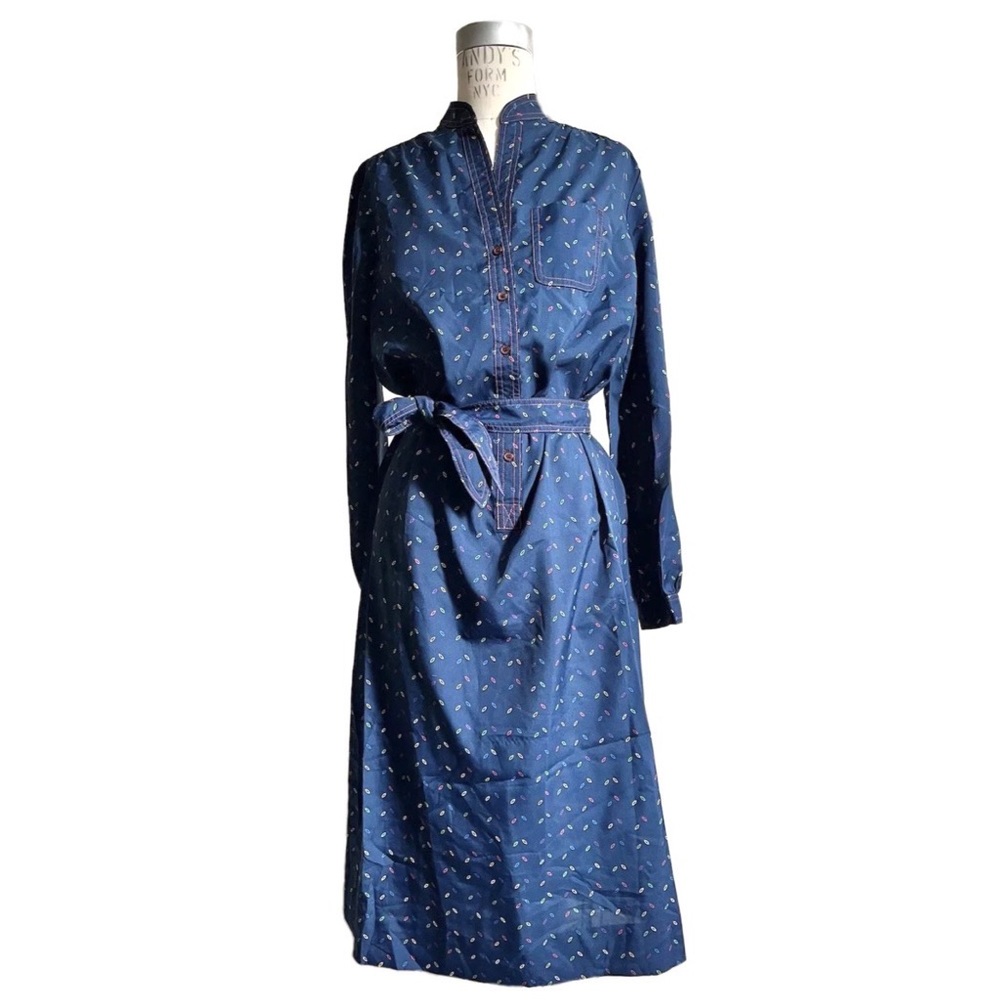 Vintage 80’s Schrader Sport NY Navy Printed Maxi Shirt Dress Long slv with Belt